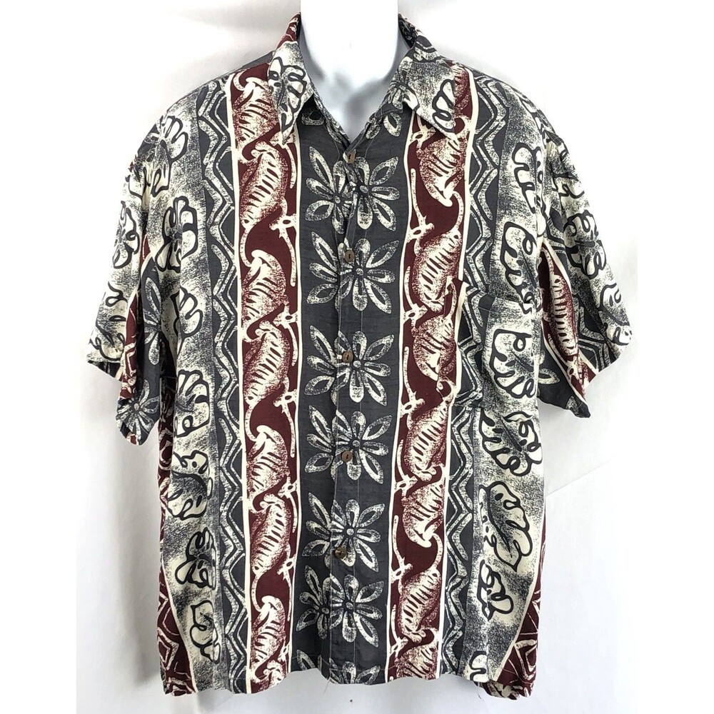 Vintage Blue Sky Shirt XL Gray Maroon Tropical Hawaiian Button Up Luau Fun